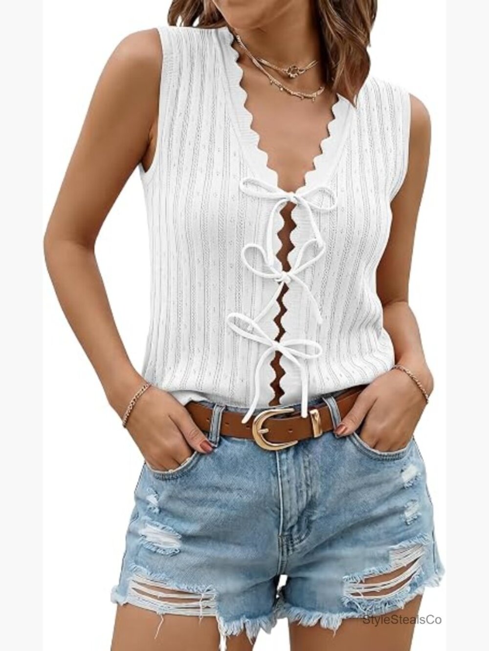 Tie Front Crochet Sweater Vest V Neck Ruffled Sleeveless Hollow Knit Beach